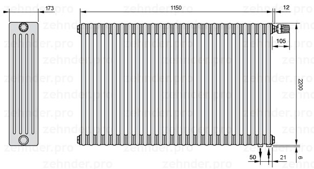 Схема (чертеж) Радиатор Zehnder Charleston 5220/25 №V002 Белый глянцевый RAL 9016